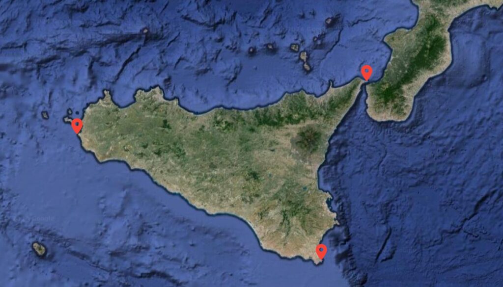 map of Sicily with the positions of Cape Pelorus, Cape Passero, and Cape Lilibeo pinned