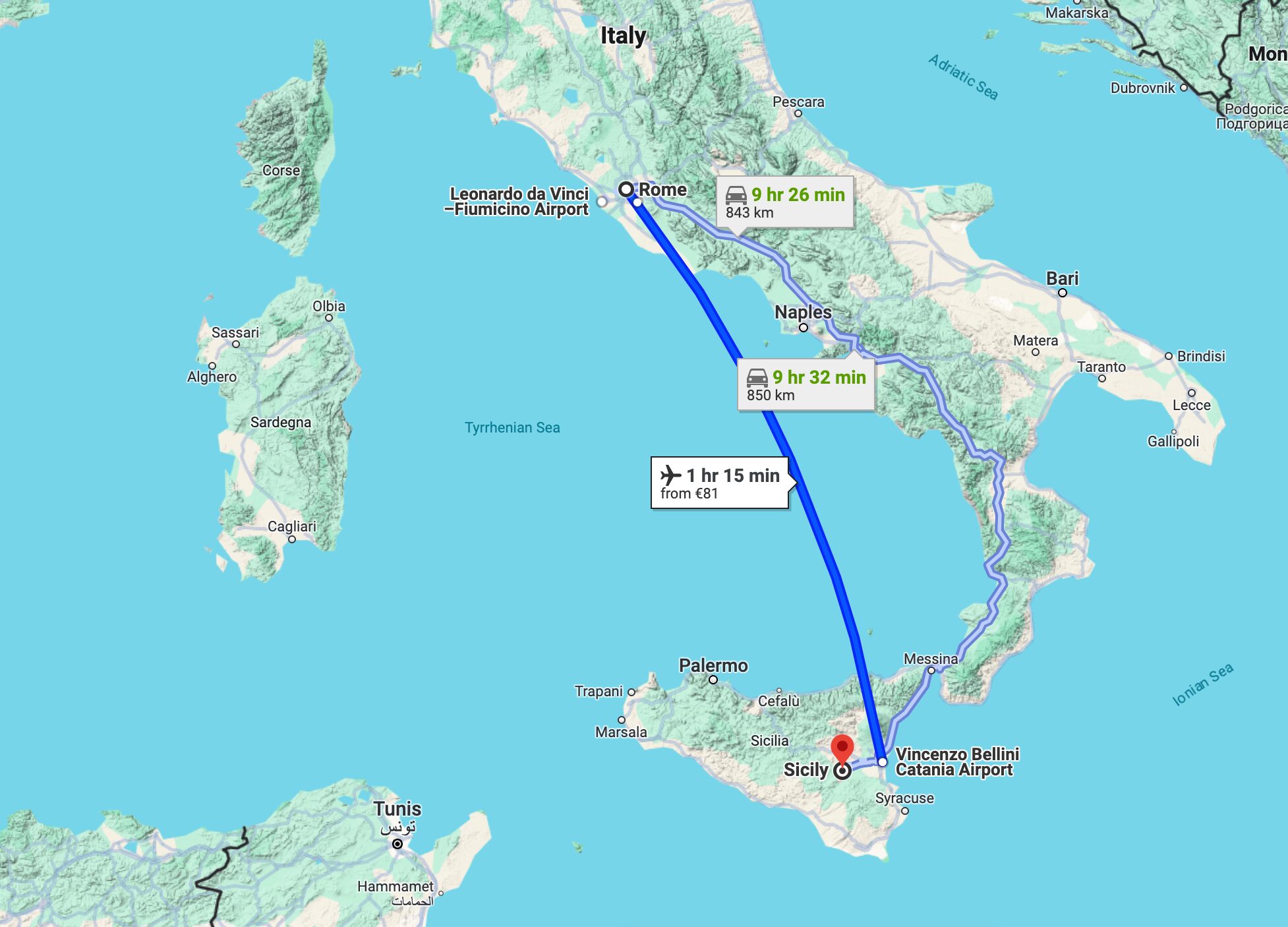 Itinerary Rome - Sicily on Map