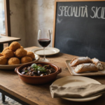 Traditional Sicilian dishes on rustic restaurant table