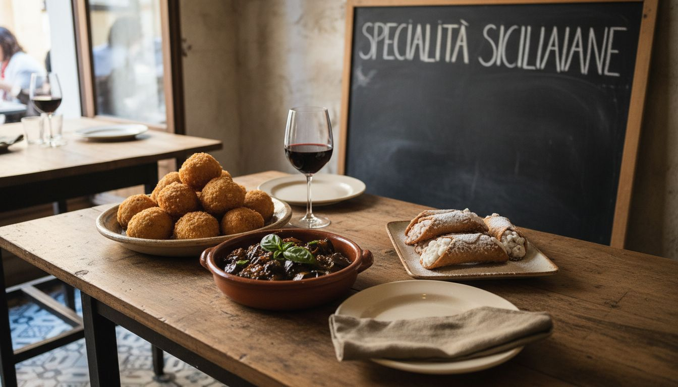 Traditional Sicilian dishes on rustic restaurant table