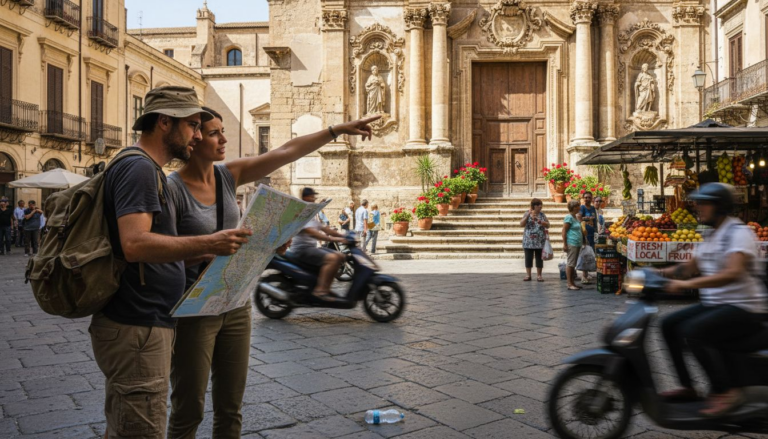 Travelers with map exploring Sicilian piazza