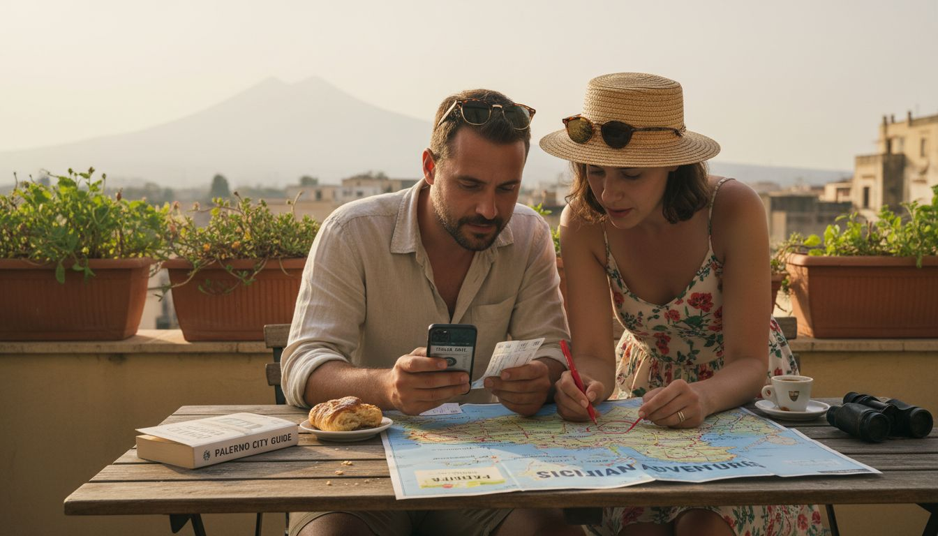 Travelers planning Sicily itinerary on balcony
