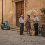 Locals talking on a sunlit Sicilian town street