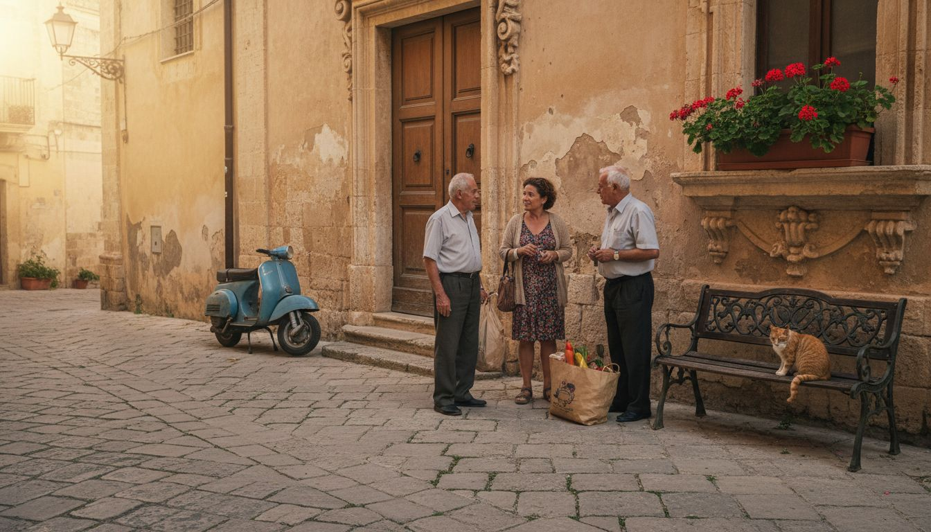 Locals talking on a sunlit Sicilian town street