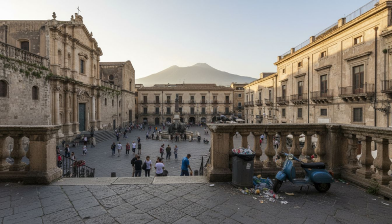 Catania cityscape with cathedral and Mount Etna