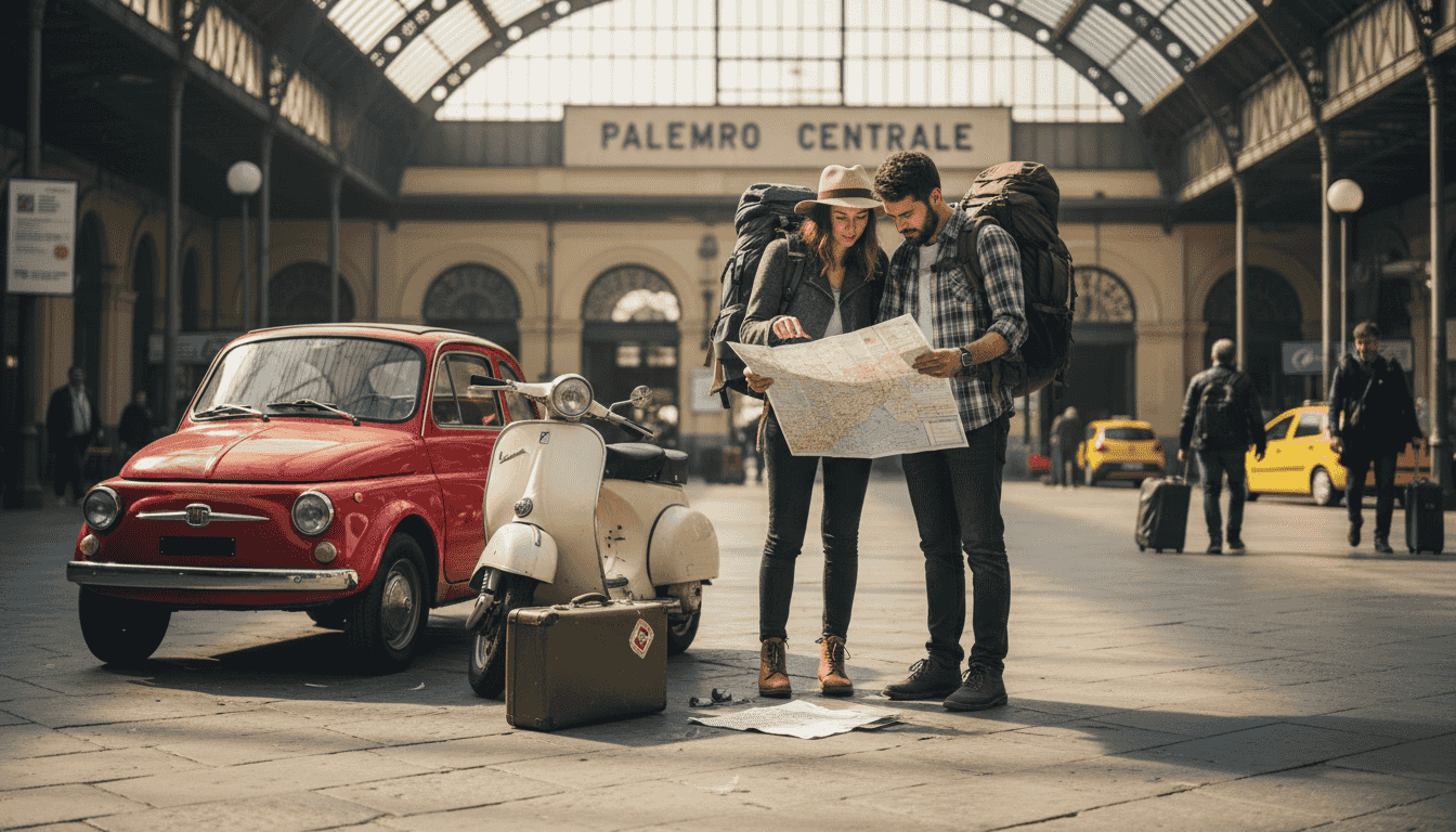 Travelers at Palermo station using map
