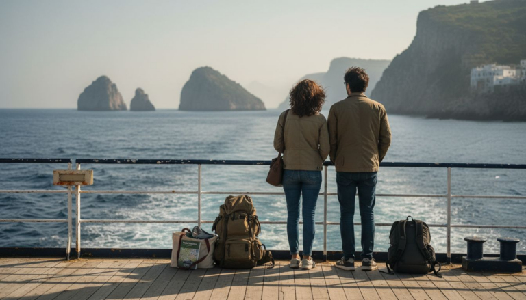 Couple views Sicilian islands from ferry deck