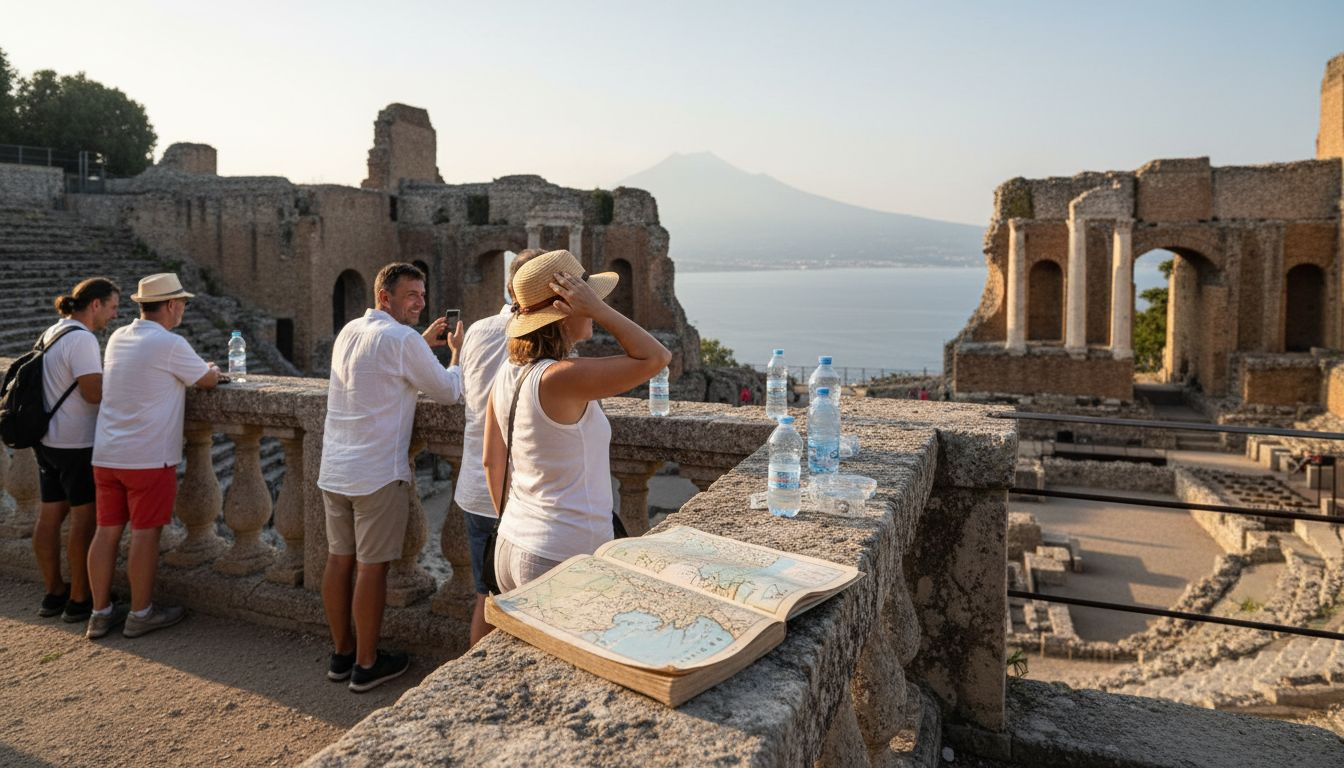 Tourists at Greek Theatre with scenic coastline