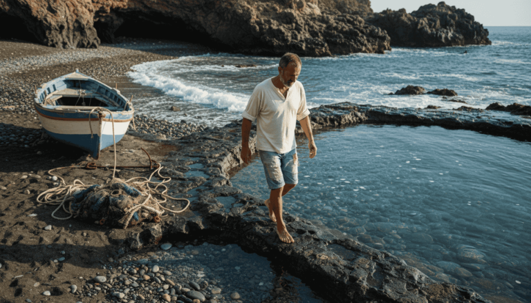 Fisherman walks on volcanic Sicilian coast