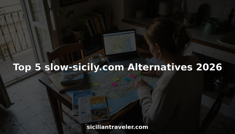 Woman plans Sicily trip with guides and laptop