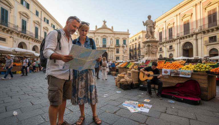 Travelers at Palermo historic square with morning sunlight