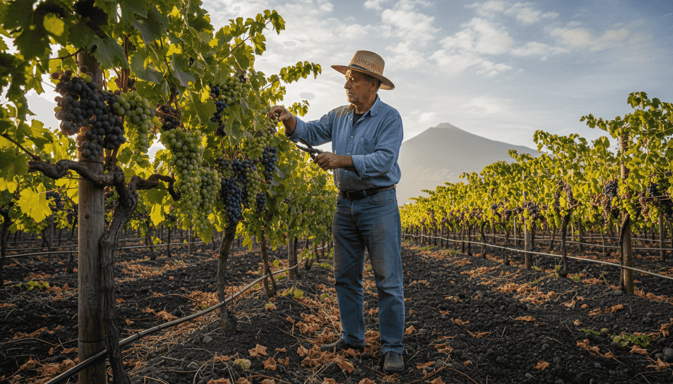 Sicilian grape grower in Etna vineyard