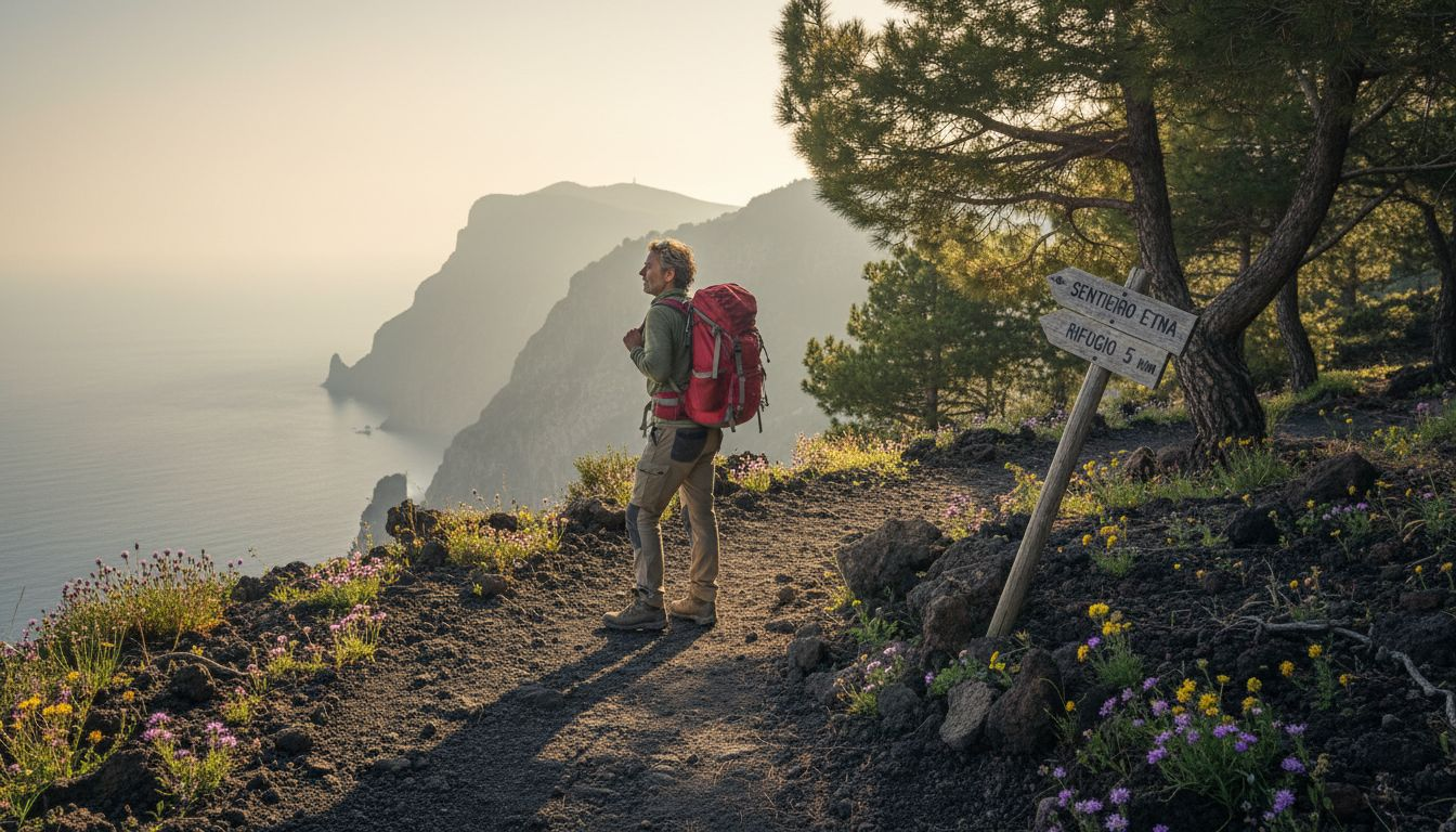 Hiker overlooking Mount Etna trail Sicily