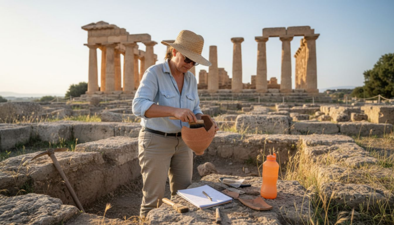 Archaeologist works at Sicily temple ruins