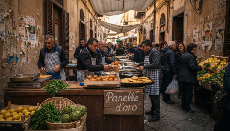 Bustling Sicilian street food market vendors
