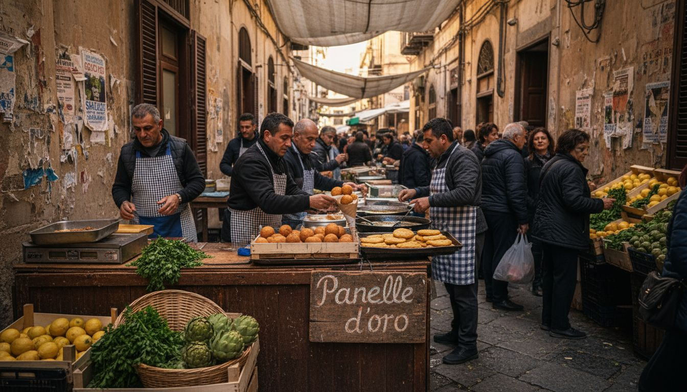 Bustling Sicilian street food market vendors