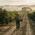 Sicilian farmer walking citrus grove at sunrise