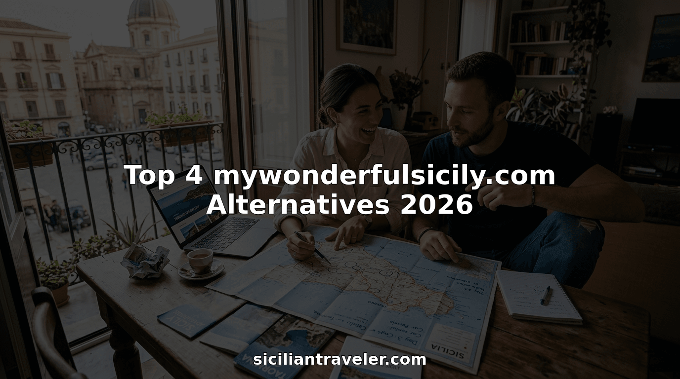 Couple planning Sicily trip at cluttered table