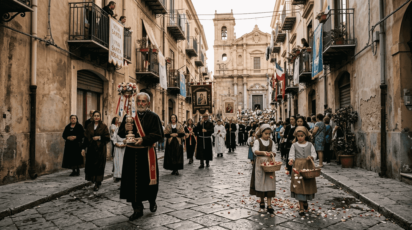 Sicilian religious procession in Palermo street