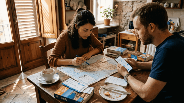 How to create a Sicily itinerary: your 2026 traveler's guide 1 Couple planning Sicily itinerary at kitchen table