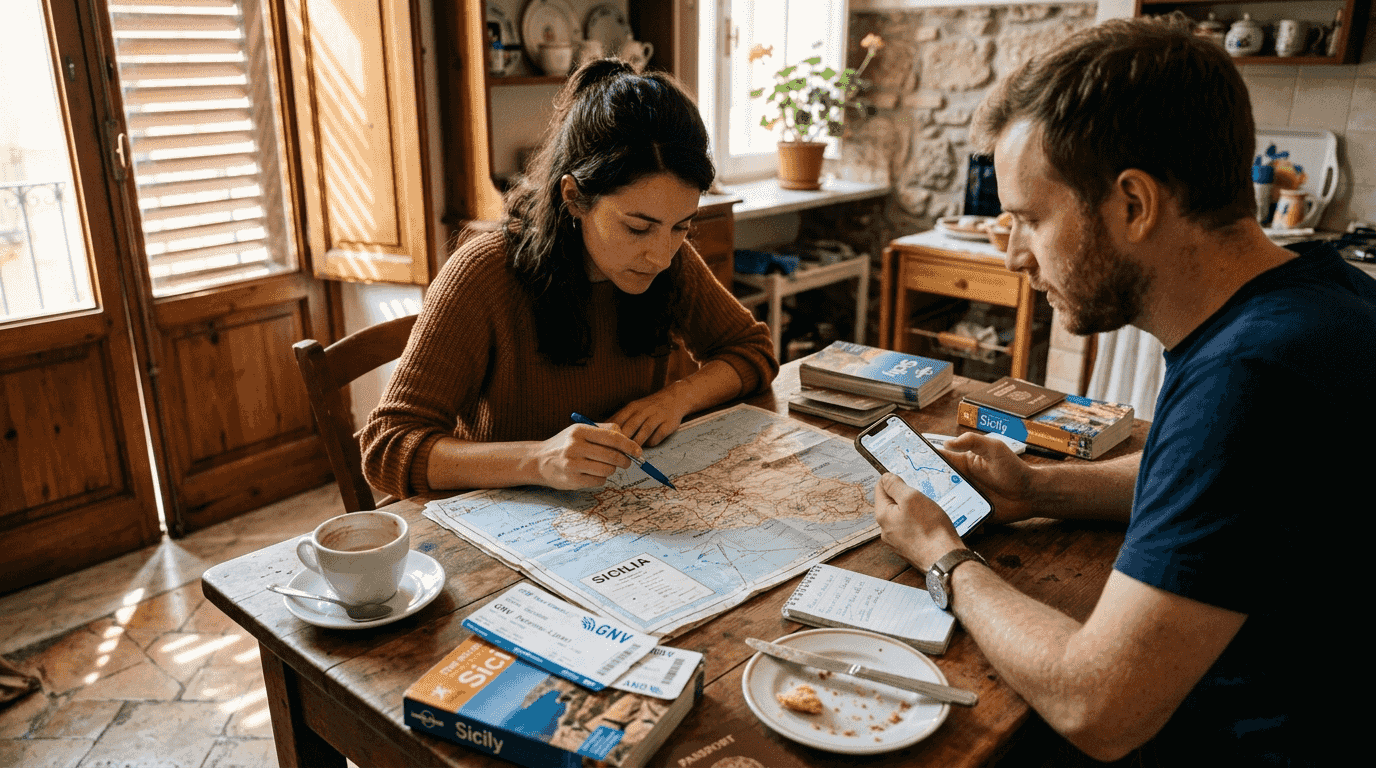 Couple planning Sicily itinerary at kitchen table