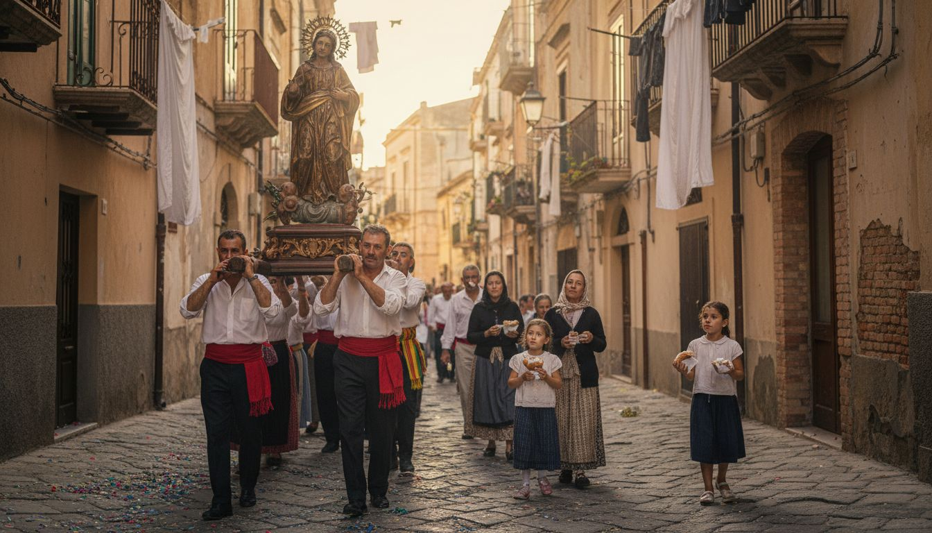 Sicilian Easter procession through narrow street